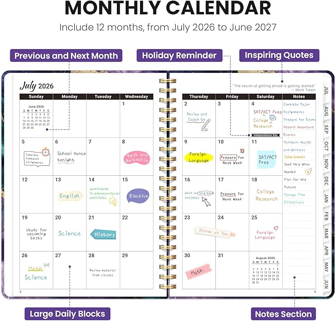 Planner 2026-2027, Monthly and Weekly Academic Planner July 2026 - June 2027, Hardcover Student Teacher Planning Agenda Calendar Book with Tabs, Perfect for Office School Supplies, A5 (6.3" x 8.5") - Velvet Rift