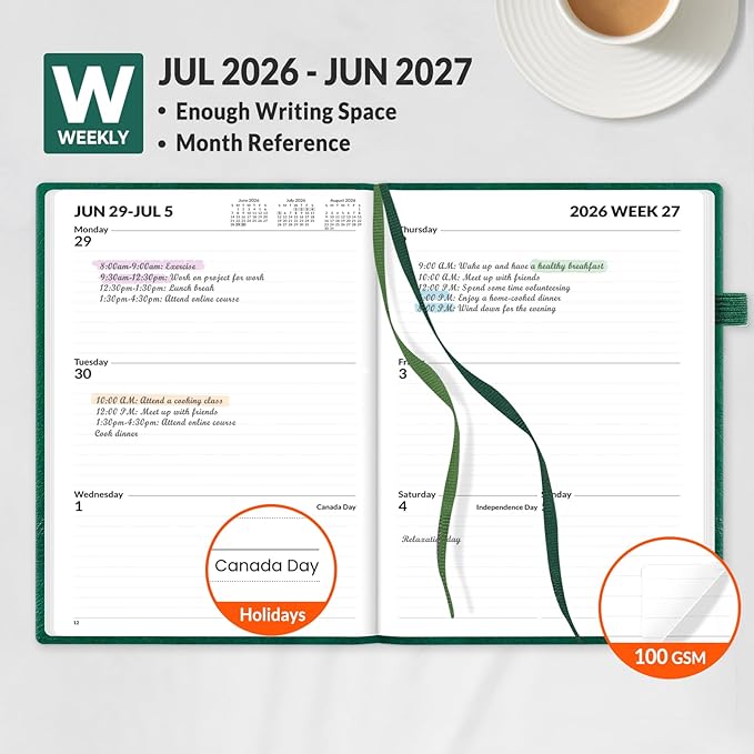 SUNEE 2026-2027 Weekly & Monthly Hardcover Planner 5.5" x 8.3" - 12 Month (July 2026 - June 2027), Small Academic Year Calendar Planner, Pocket, Notes, 100 GSM Paper, Deep Green