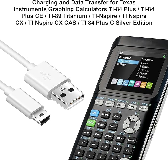 (2 Pack) Mini USB Charger and Data Cable for Texas Instruments Calculators TI-84 Plus CE Graphing Calculator, TI-Nspire CX/CX CAS, TI-84 Plus CE Color/C Silver, TI 89 Titanium (White)