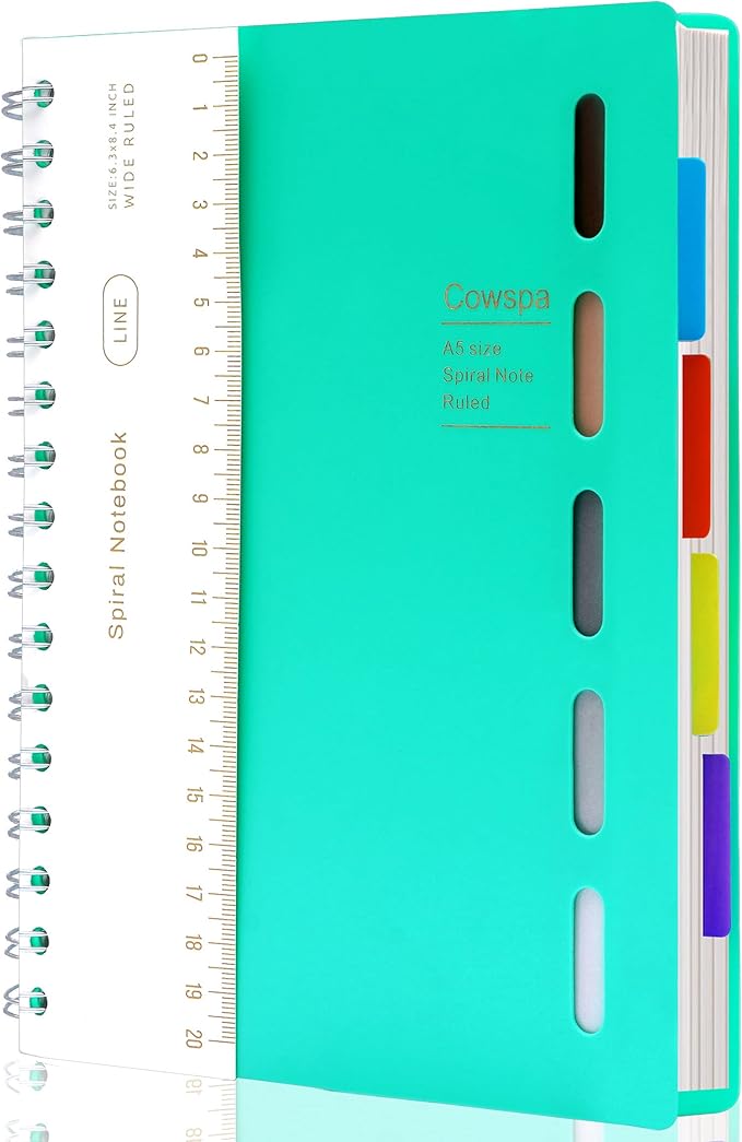 Yoment 5 Subject Spiral Notebook Spiral Bound Journal Wide Ruled 7"x 8.5" Hardcover Spiral Notebook with Dividers A5 Lined Notebook for College Students Writing Journal School Office Supplies,Teal