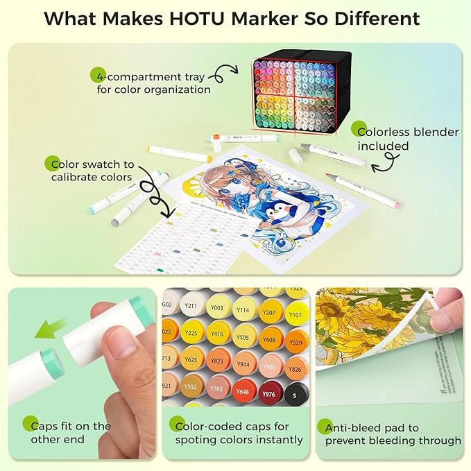 HOTU 120 Colors Alcohol Markers, Artist Dual Tip (Brush & Chisel) Sketch Pens, Professional Art Markers Set for Adult Coloring Illustration, with Coloring Cards and Non-Bleeding Pad