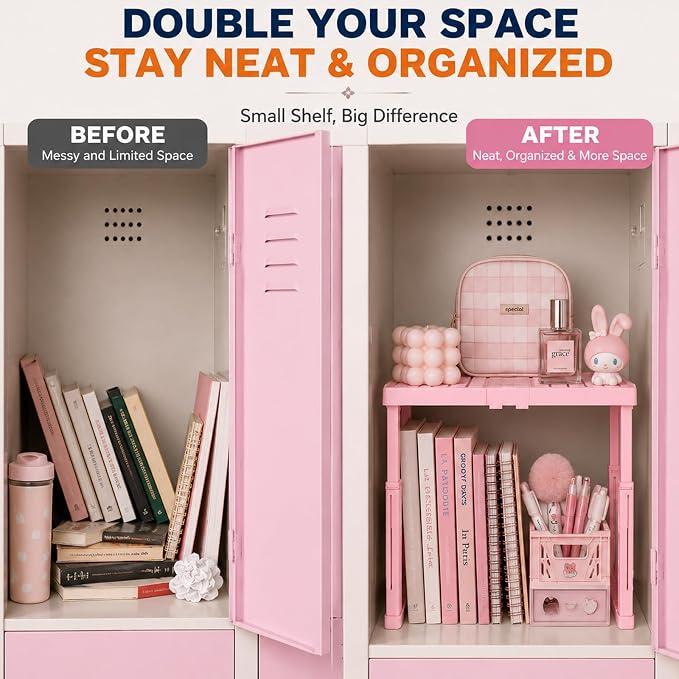 Svartur Locker Shelf Adjustable Height and Width, Pink Locker Organizer for Work, Locker Shelves Stack-able Stand Tools for Gym Locker, Back to School Accessories, Pack of 2