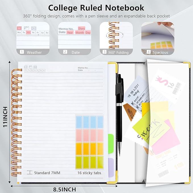 Hardcover Spiral Notebook College Ruled, 8.5"x11" Leather Journal Notebook with Magnetic Closure, 300 Pages 5 Subject Notebook with Dividers Tabs Journal for Women Men, Work, School