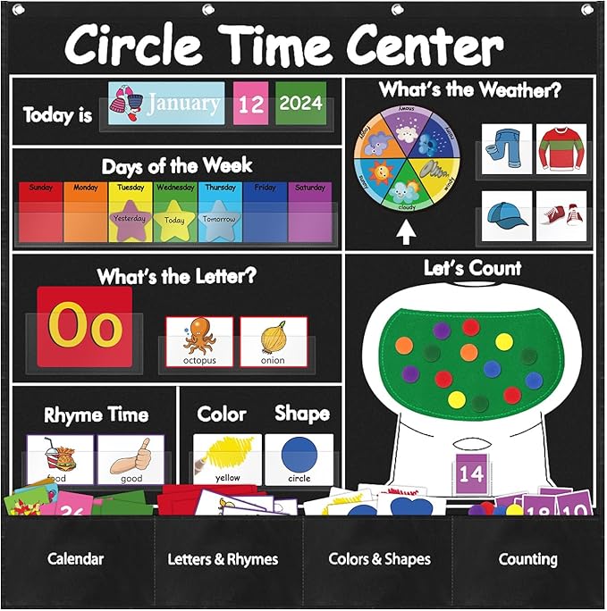 Circle Time Learning Center Classroom Pocket Chart Preschool, Educational Pocket Chart Teaching Materials, Learning Calendar Weather Counting Letter Color, Circle Time Learning Center Black