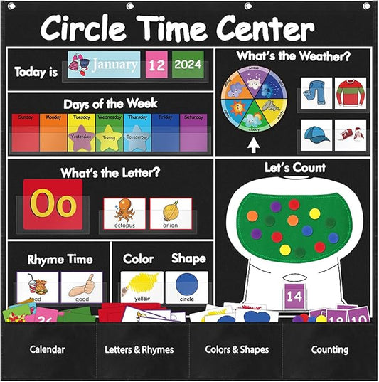 Circle Time Learning Center Classroom Pocket Chart Preschool, Educational Pocket Chart Teaching Materials, Learning Calendar Weather Counting Letter Color, Circle Time Learning Center Black