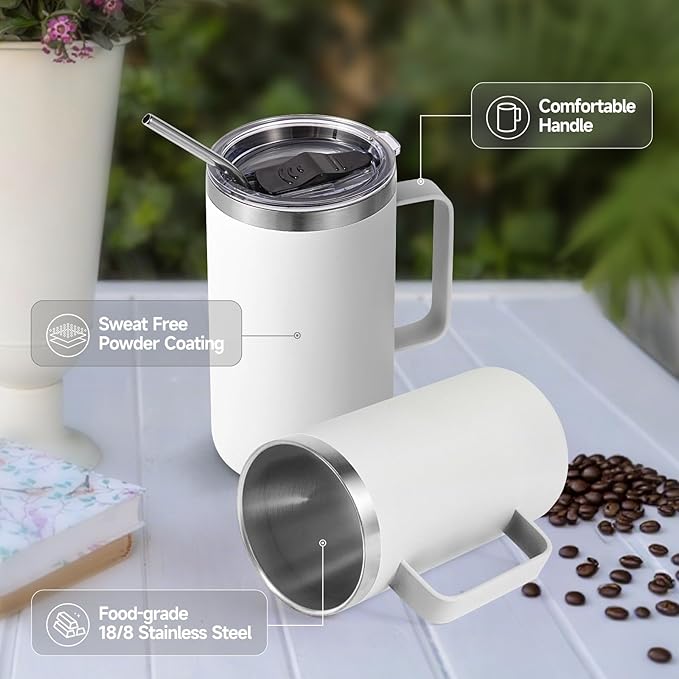 Volhoply 22oz Insulated Stainless Steel Coffee Mugs with Leakproof Lid Bulk 2 Pack,Double Wall Vacuum Travel Coffee Cup with Handle,Reusable Metal Tumbler,Camping Mug Keep Hot&Cold(White,2)