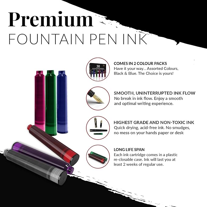 SCRIVI PENS Fountain Pen Ink Refills - Set of 30 Assorted Ink Cartridges - International Standard Size - Length APPR 2.04 Inch - Base Diameter APPR 0.24 Inch - Disposable and Generic