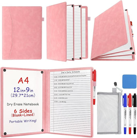Feifeiya 6 Sides Dry Erase Notebook Portable Whiteboards Notebook Small Reusable College Ruled Lined Board Folding Mini Travel Dry Erase White Board for Office Study(Pink,A4: 9 x 12 Inches)