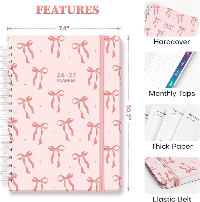 Planner 2026-2027 Monthly and Weekly Academic Planner July 2026 - June 2027, Hardcover Calendar 2026-2027 Agenda Daily Planner for Student Teacher School Office Supplies, 7.4" x 10.2", Pink Bow