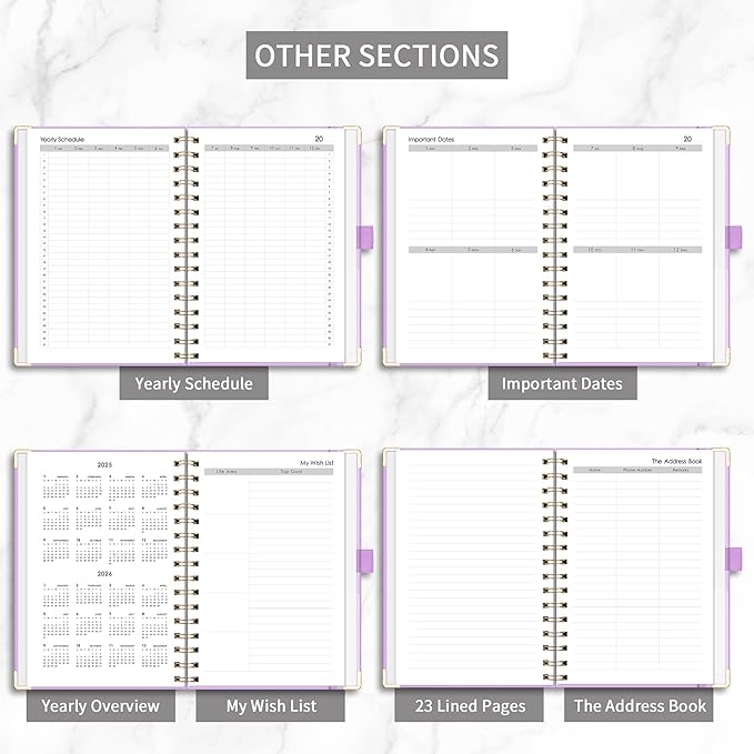 RETTACY Undated Planner, Weekly and Monthly, 53 Weeks and 12 Months, Medium Size (5.7" x 8.3"), 24 Self-adhesive Monthly Tabs, Hardcover, 100 GSM Thick Paper, Spiral-bound (Lilac)