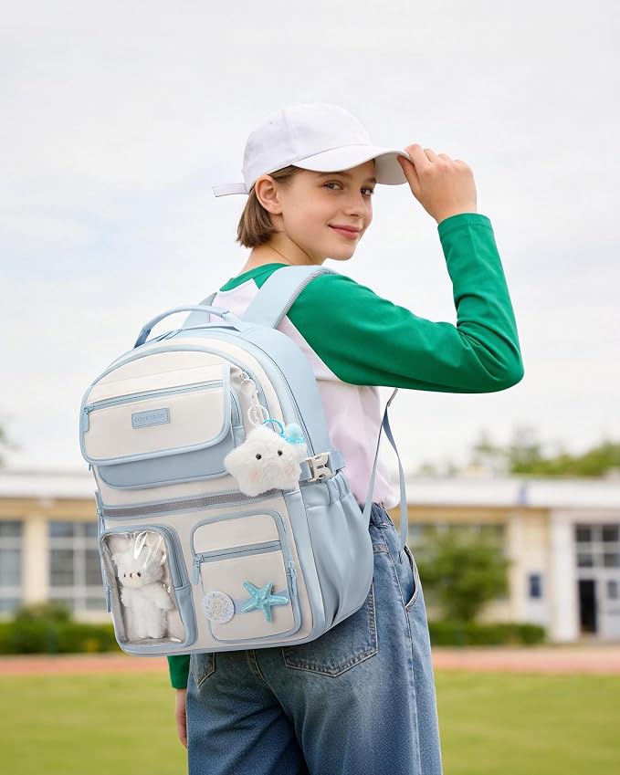 LOVEVOOK School Backpack for Girls, Cute Bookbag for Teen 8-16, DIY Friendly 15.6" Laptop Backpack for Middle High College Student Back to School, Bag with Water Bottle Pocket for Travel, Blue