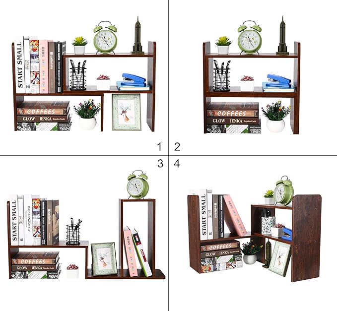 PAG Desk Organizer Desktop Shelf Adjustable Countertop Bookshelf Small Table Shelves Book Organizer Office Organization for Desk, Antique Brown