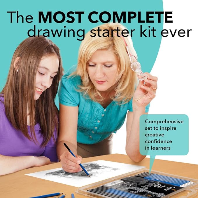 Castle Art Supplies 26 Piece Drawing and Sketching Art Set: Perfect for Beginners, Kids or Any Aspiring Artist - Includes Graphite Pencils and Sticks, Charcoal Pencils, Erasers and Sharpeners, Adult