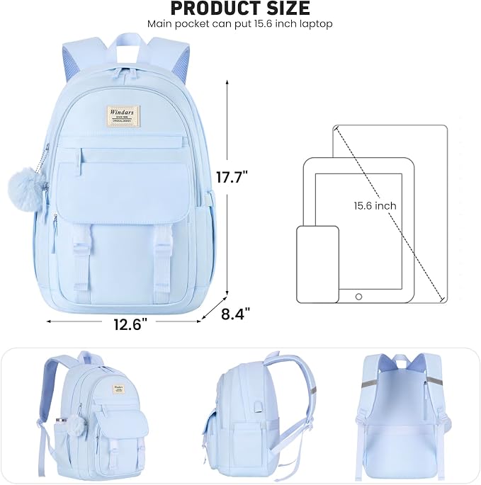 WINDARS School Backpack with Lunch Box for Teen Girls, Cute College Backpacks for Women Students Aesthetic Bookbag Large 15.6 Inch Laptop Bag Middle School Travel Back Pack (Blue-3 Pcs)