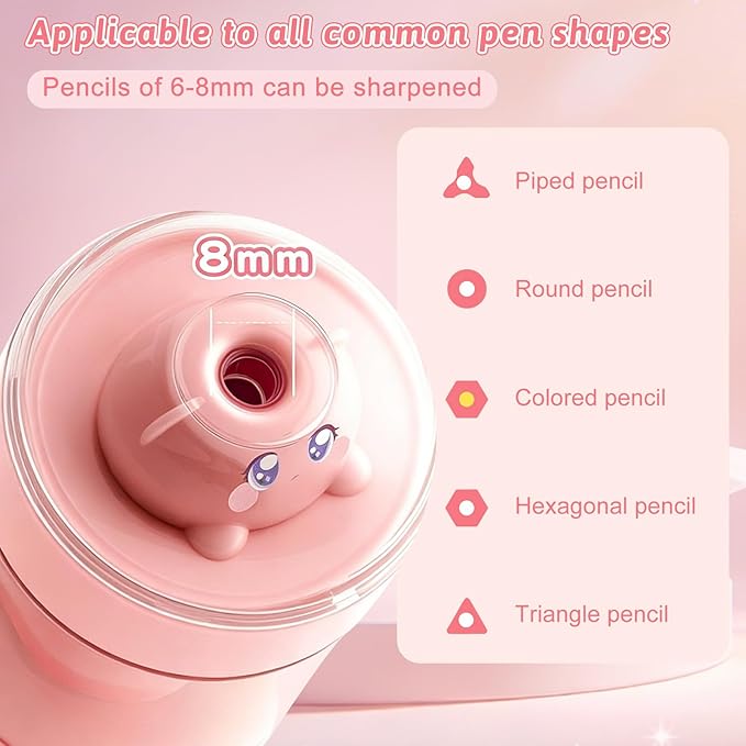 Rechargeable Automatic Electric Pencil Sharpener, Auto in & Out 3 Adjustable Thickness, Type-C Charging, Cute DIY Stickers, for 6-8mm Pencils, 3s Fast Sharpening, Ideal for School & Home (Pink)