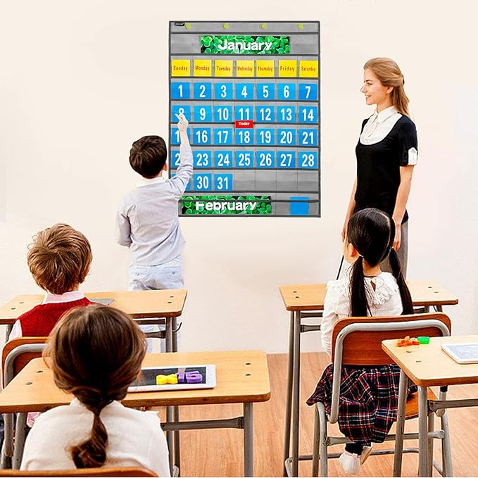 Monthly Calendar Pocket Chart School Calendar Kit for Classroom Scholastic Classroom Learning Resources (Grey)