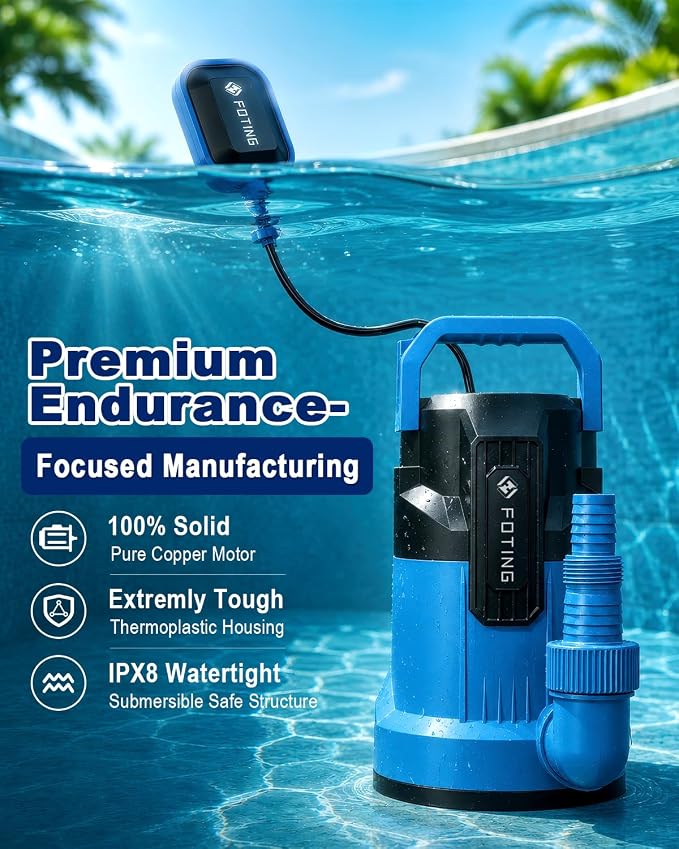 FOTING Sump Pump, High Flow Clean&Dirty Submersible Water Pump with Float Switch, Thermoplastic Electric Portable Utility Pump for Pool Draining Hot Tub Garden Basement, Large