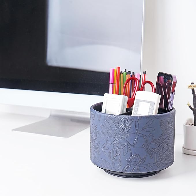 Round Leather Art Supply Organizer,Remote Control Holder,360 Degree Spinning,Multi-Functional Pencil Holder,4 Compartments Desktop Stationary Organizer(1-Carved Dark Blue)