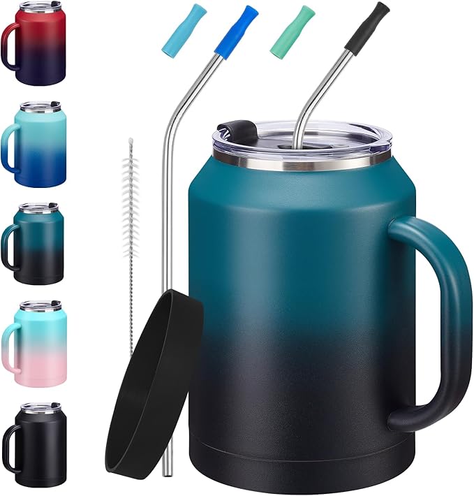 50 oz Insulated Tumbler with Handle and Straw - Stainless Steel Double Wall Coffee Mug, 2-in-1 Lid Metal Water Bottle, 36H Cold 24H Hot Travel Hydro Cup Jug with Silicone Boot