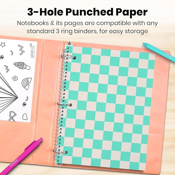 Yoobi Wide Ruled Spiral Notebook Set – 3-Pack of 1 Subject Notebooks, Bright Pink, Blue & Green Designs – 150 Perforated 3-Hole Punched Sheets Each, 10.5” x 8”