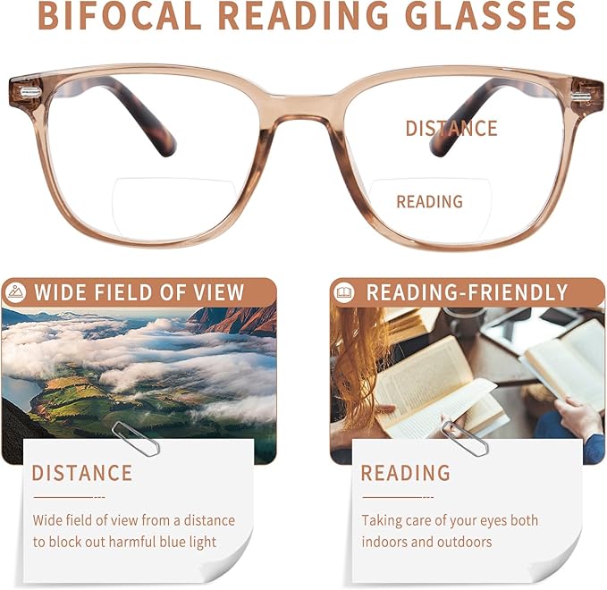 Bifocal Reading Glasses for Women, Blue Light Blocking Computer Readers with Spring Hinges, Retro Square Frame