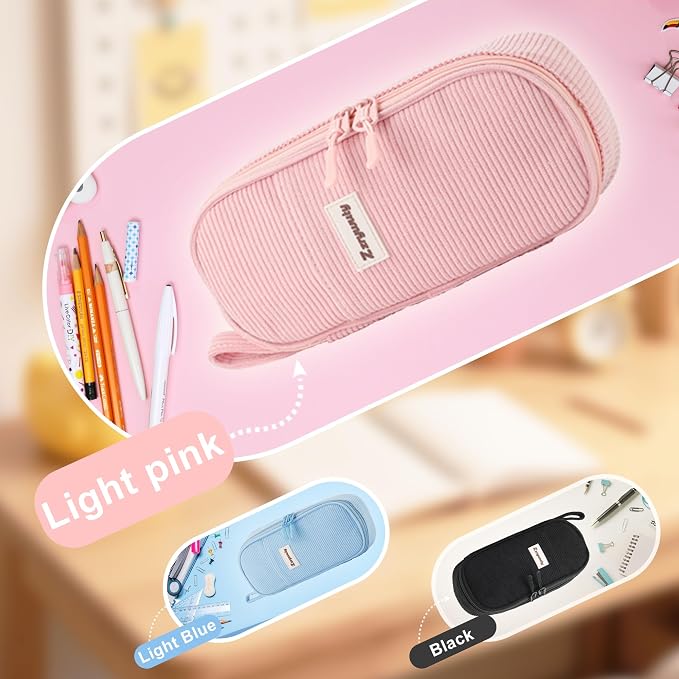 Zzrywuty Pink Aesthetic Pencil Case, Large Capacity Soft Corduroy Stationery Pouch with Handle, Wide Opening Cute Bag & Organizer for School Girls, Teens, Adults