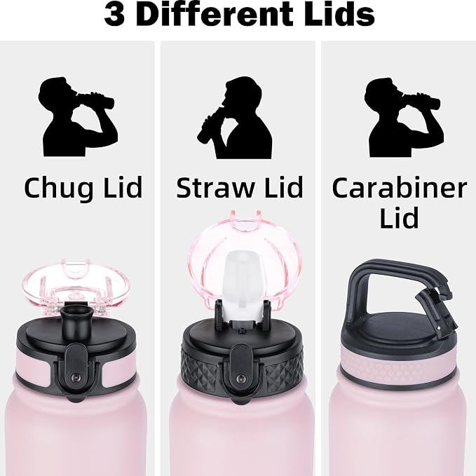 Oldley Insulated Water Bottle 20oz Water Bottles with Straw, Stainless Steel Water Bottle with 3 Lids, Double Wall Vacuum Bottles for Adult Kids, Sports Bottles for School Travel, Pink