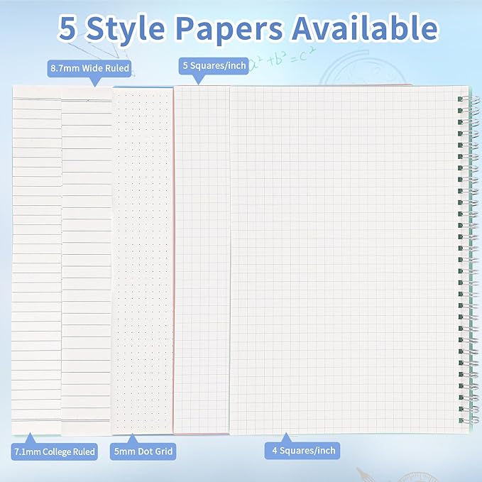 Graph Paper Notebook, Spiral Notebook, Large B5 Graph Notebook Journal, 8" x 10" Graphing Grid Notebooks for Lab, Engineering, Math, School, Work, 24pcs Index Tabs, Assorted Pastel, 5 Squares/Inch