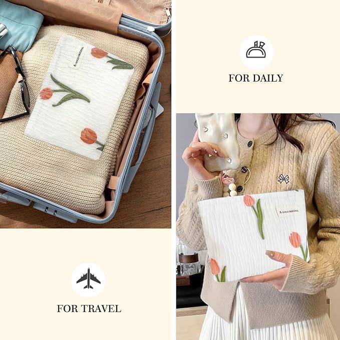STARDW Cute Floral Makeup Bag Organizer Travel Cosmetic Pouch for Women | Aesthetic Cosmetic Bag with Zipper, Large Capacity Travel Toiletry Bag, Purse Organizer Pouches, Canvas Lining