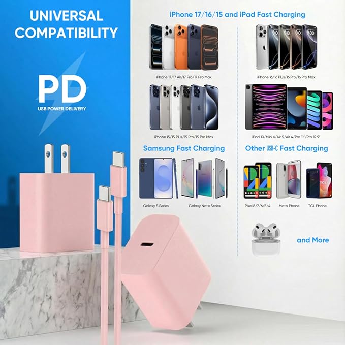 iPhone 17 16 15 Charger Fast Charging 6FT+10FT Cable, 20W USB C Charger, USBC Wall Charger for i Phone 17 Air 16 16e/16 Pro/16 Pro Max/15/15 Plus/15 Pro/15 Pro Max,i Phone iPad Pro/Mini (Pink)