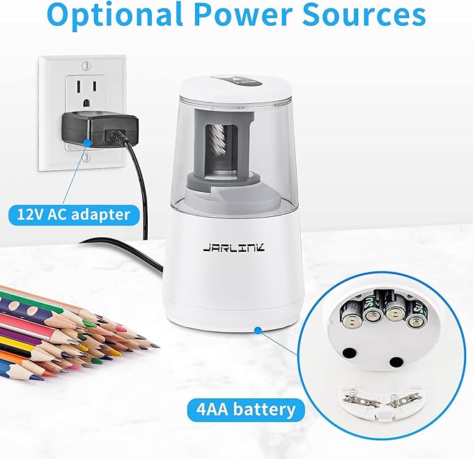 JARLINK Electric Pencil Sharpener, Heavy-Duty Helical Blade to Fast Sharpen, Auto Stop for No.2/Colored Pencils(6-8mm), AC Adapter/Battery Operated in School Classroom/Office/Home (White)