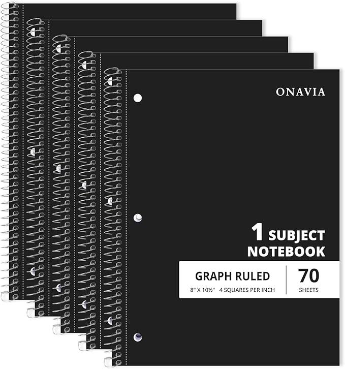 ONAVIA Graph Ruled Subject Spiral Notebook, 5 Pack, 4x4 Grid Paper, 8" x 10-1/2", 70 Sheets, 1 Subject, 3-Hole Punched for School, Work, Black