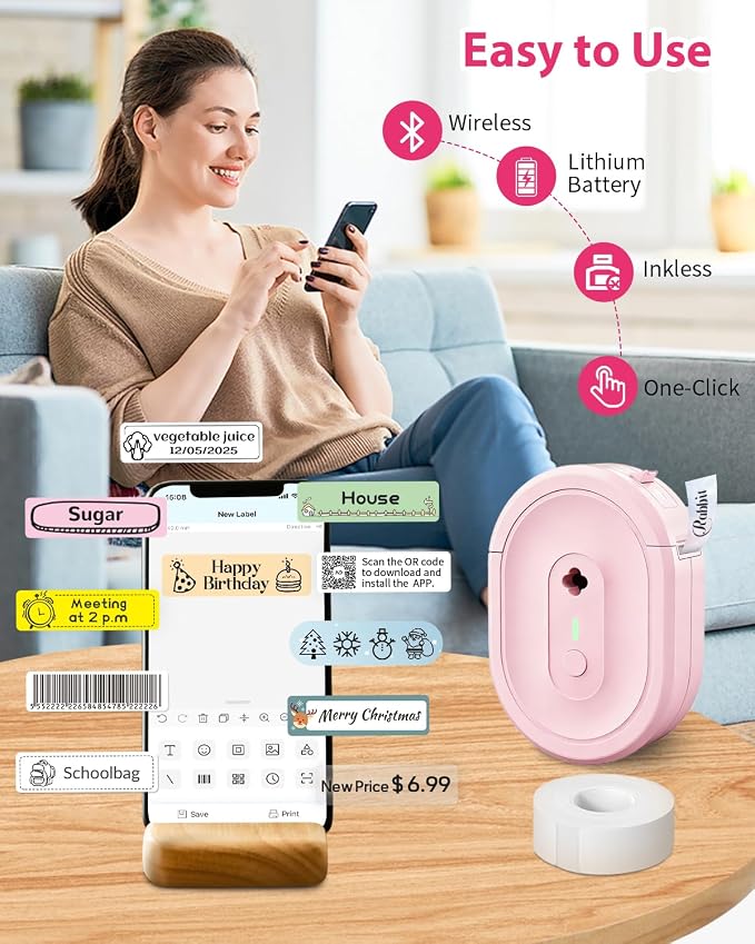 N12 Label Maker Machine with Waterproof Tape Mini Label Printer, Pink | Bluetooth Mini Label Printer with Multiple Templates & Easy Use App, perfect for Kids, Teachers, Home & Office Organization