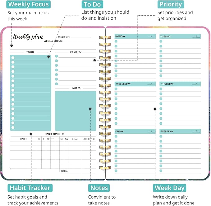 Undated Weekly Planner, Weekly To Do List Notebook with Goal & Habit Tracker Organizer, A5 Weekly Planner Notebook with Spiral Binding, 6.1" x 8.2" - Twilight Bloom
