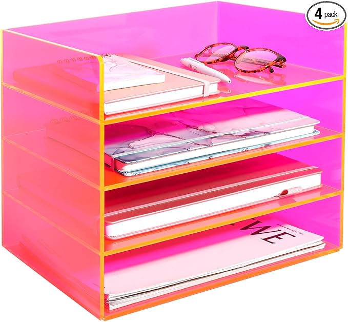 Gelite Acrylic File Organizer for Desk 4 Tiered Stackable Letter Tray Office Paper Storage Desktop Document Sorter, Neon Pink