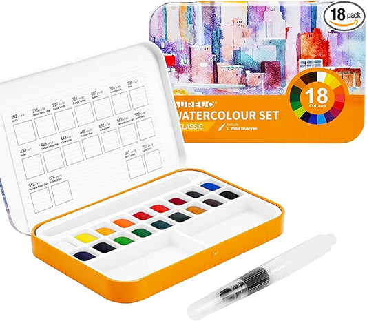 AUREUO Small Travel Watercolor Set - 18 Colors Portable Mini Water Color Kit with Tin Box for Beginners