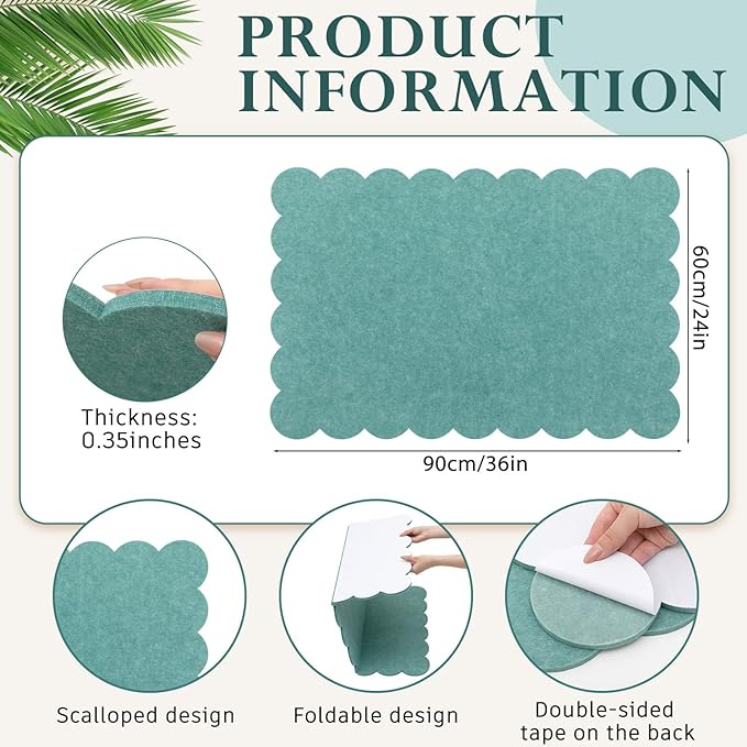Mooliwe Scalloped Felt Bulletin Board 36 x 24 Inches Foldable Forest Green Pin Cork Board Alternative for Wall, 3' x 2' Trifold Christmas Picture Vision Self Adhesive Bulletin Decorative