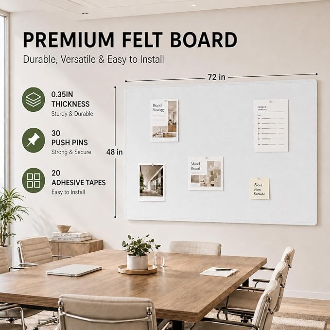 Felt Bulletin Board for Wall 72" x 48" Unfolded Size, Large Frameless Felt Pin Board, Soft Cork Board Alternative for Office, Home Planning, Notes, Photos & Wall Decor, Foldable Shipping, Easy Install