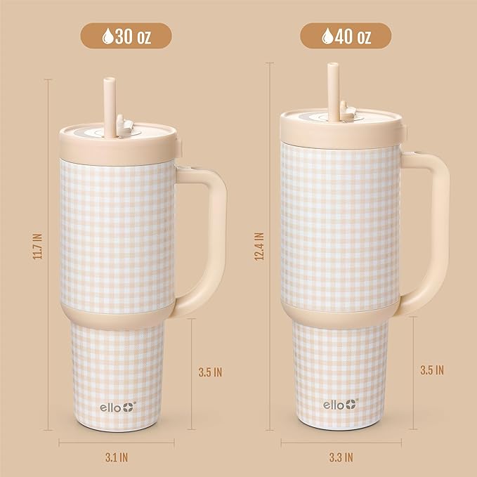 Ello Oasis 40oz Tumbler with Handle & Retracting Straw | Reusable Insulated Stainless Steel Cup 100% Leakproof | Gifts for Teens Women | Keeps Cold for 24 Hours | Cup Holder Friendly | Beige Gingham