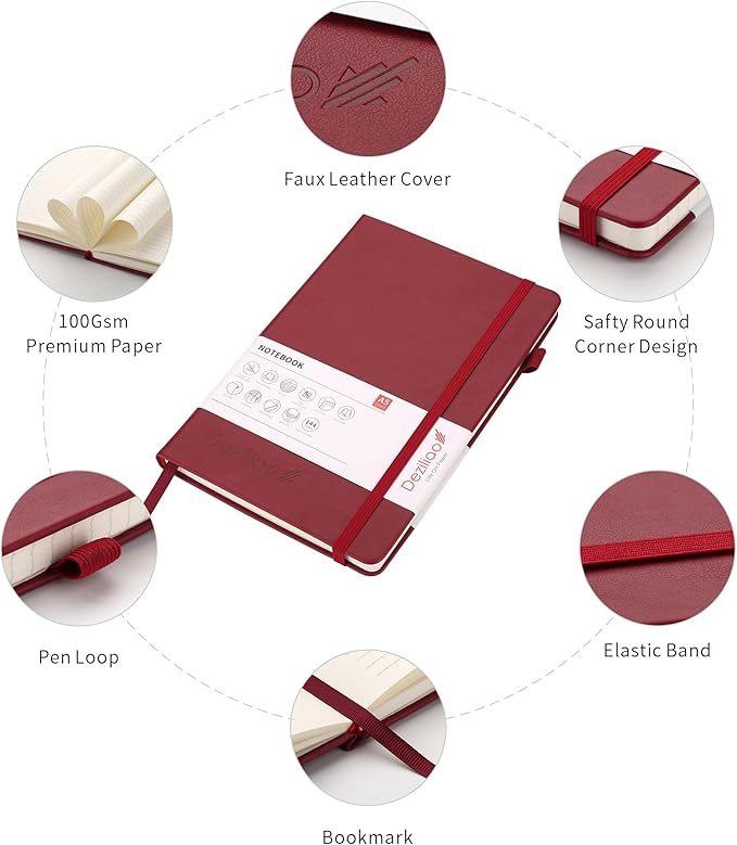 Lined Journal Notebooks with Pen Loop, Hardcover Notebook Journal for Work, 100Gsm Premium Thick Paper with Inner Pocket, Medium 5.7"x8.4", （Red, Ruled）