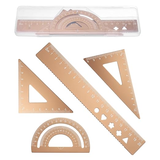 PATIKIL 4 Pcs Geometry Drafting Tool, Aluminum Alloy Geometry Kit Math Tool Includes 20cm L Ruler Protractor Triangles for Drafting Angle Measure Simple Science Experiment, Gold