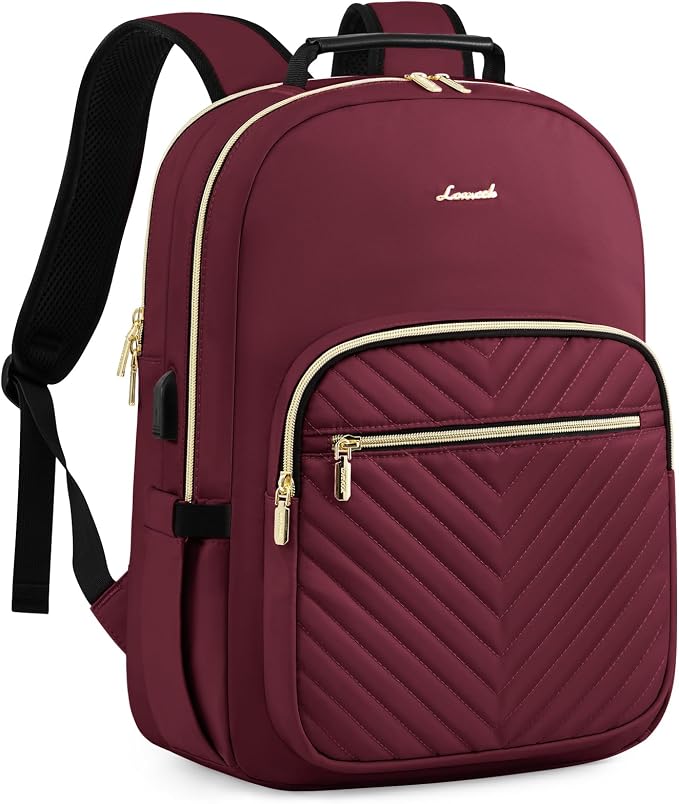 LOVEVOOK Laptop Backpack Purse for Women, Work Business Travel Computer Bags, College Nurse Backpack for Womens, Quilted Casual Daypack with USB Port, Fit 15.6 Inch Laptop, Wine Red
