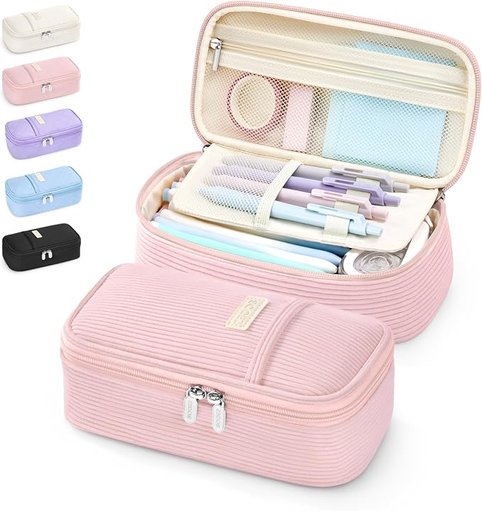 Sooez Cute Pencil Case, Soft Corduroy Pencil Pouch, Large Pen Pencil Bag | Zipper Pen Case, Aesthetic Pen Pouch, Colored Stationery Storage & Organizer, College School Supplies for Teen Girl, Pink