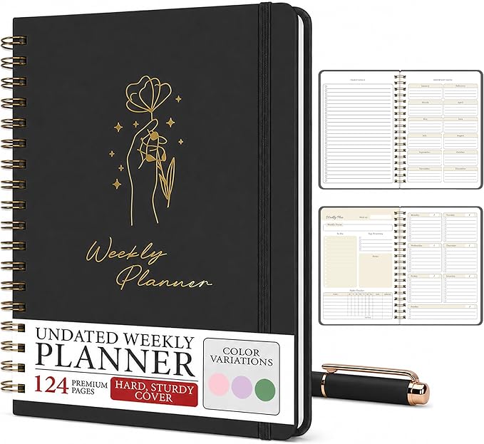 Undated Weekly Planner & Notebook for Work, School & Home — Aesthetic Hardcover Spiral Blank Planner with Habit Tracker, Goal Organizer & To Do List—124 No-Bleed Pages, 6.4×8.5", Black