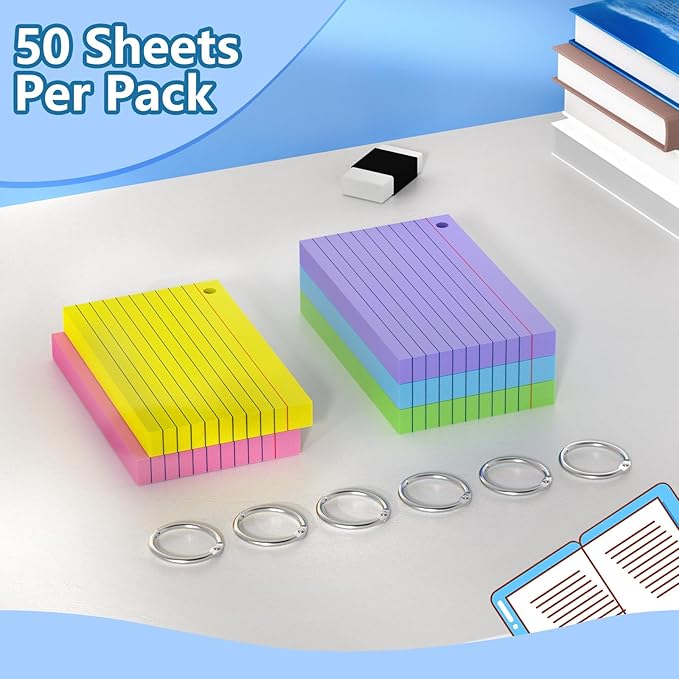 Index Cards 3x5 Inch With Ring, 250 Count, Ruled Colored Index Card, 180GSM Flash Cards College Ruled for Students, Teachers, Study Note Card for Office, Home, School, Office