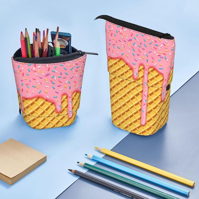 Ice Cream Kids Standing Pencil Case Girls Boys Telescopic Stationary Pouch with Zipper Large Capacity Stand up Pen Bag Portable Makeup Holder for Children School Students Office Supplies