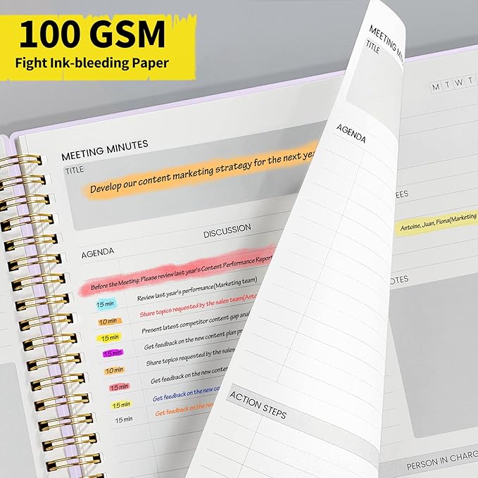 SUNEE Meeting Notebook for Work with Action Items - 160 Pages, A4 Size Project Planner, Spiral Meeting Agenda/Minutes Notebook Organizer for Women Men, Note Taking, Office & Business, 8.5"x11", Purple
