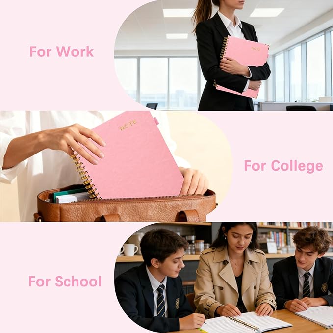Hardcover Spiral Notebooks for Work 8''x 10'', 300 Pages 5 Subject Notebook with Dividers & Tabs, B5 Spiral Journal for Women, College Ruled Notebooks for School Note-Taking (Pink)