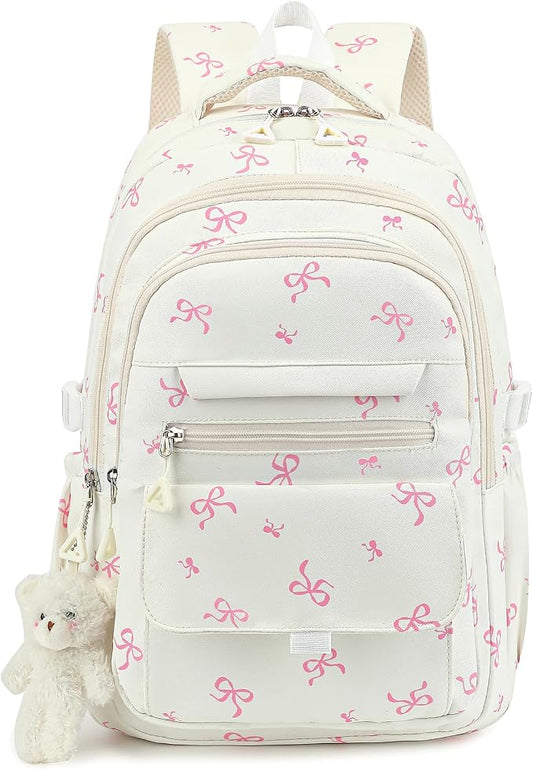 PRLINJSK Girls Backpack for College High Middle School Student, Cute Aesthetic Bookbag for Teens Women with Accessories, Beige Bow