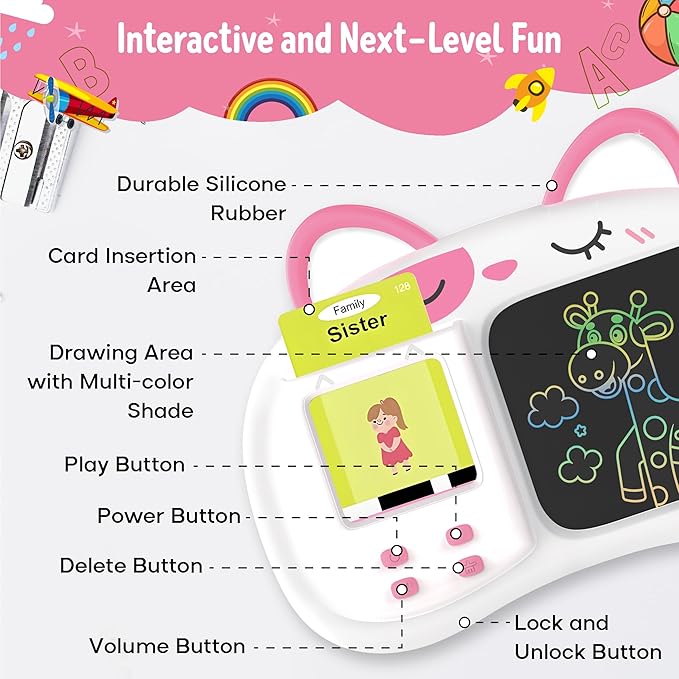 Henry & Colin Smart Talking Flash Cards Reader with LCD Writing Drawing Tablet Card for Kids – Colorful Drawing Pad, Educational Toy, Reusable Board, Travel Essential for Boys & Girls (Pink)